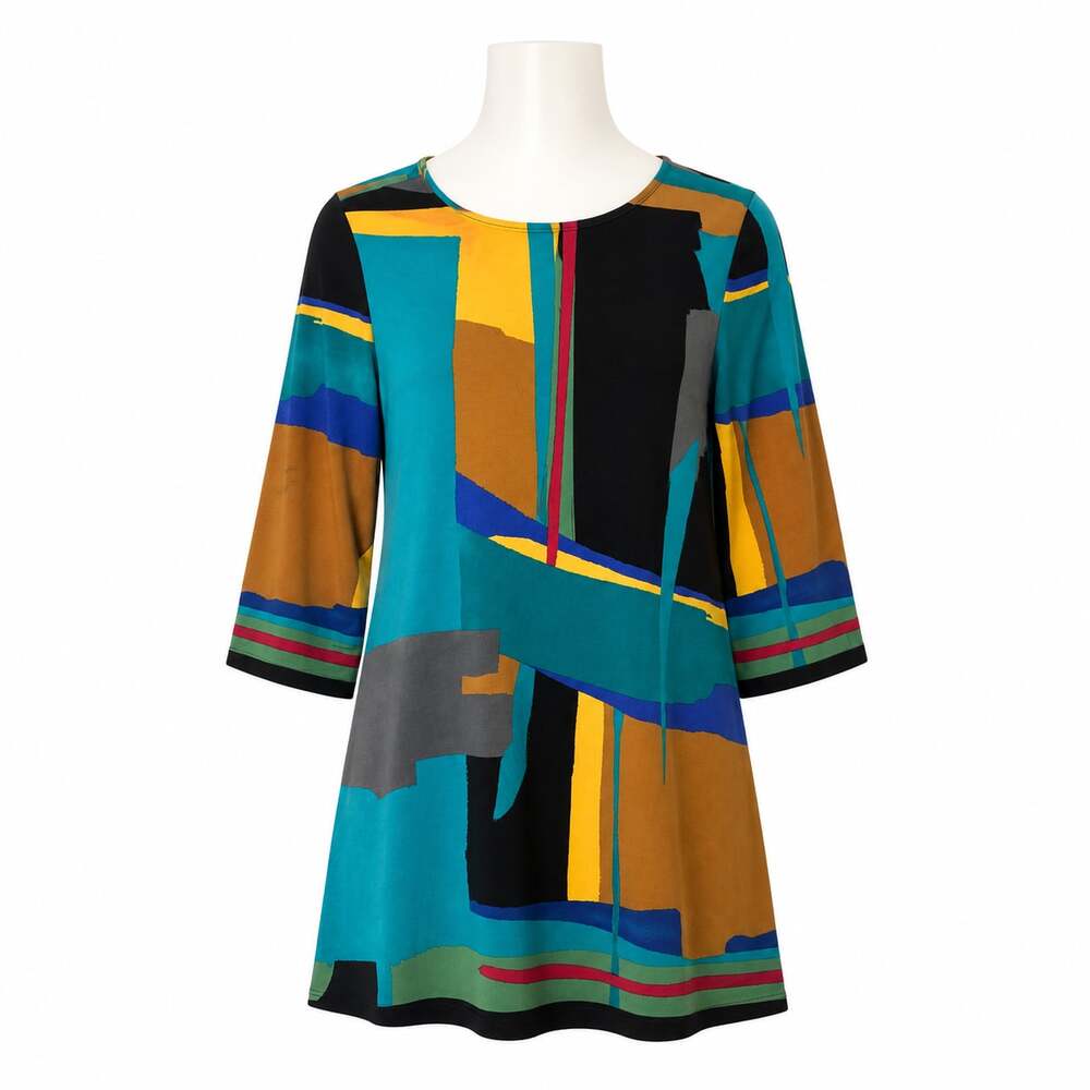 Grayson Abstract Geometric Squares Long Tunic Top or Short Dress, Size L